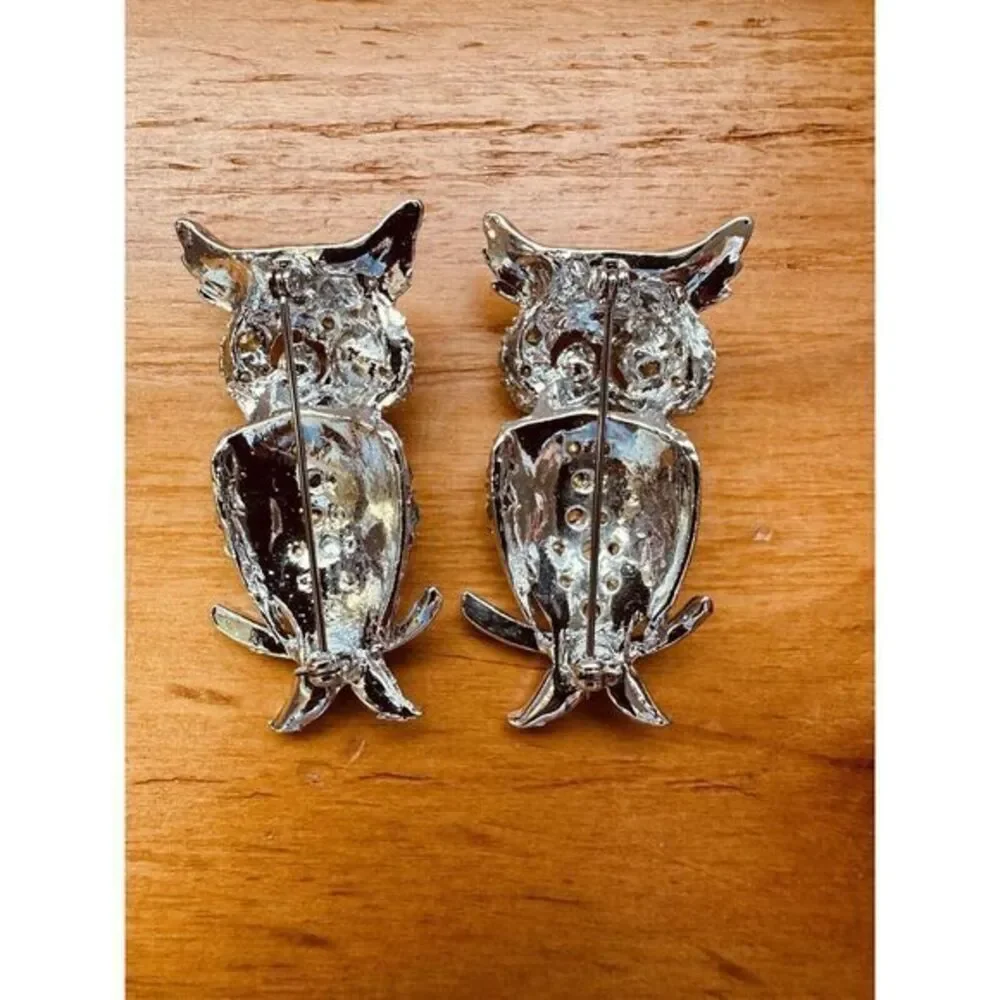 Vintage Silver-tone Baby Blue Rhinestone Owl Pin Brooch Blue Eyes Set‎ Of Two